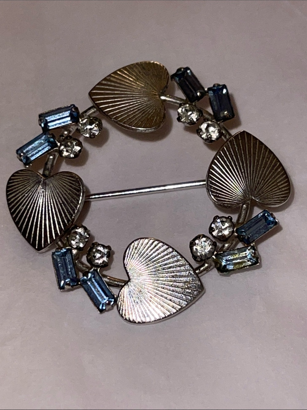 Vintage ✨ Carl Art ~Silver ~Heart Wreath Brooch With Blue & Clear Rhinestones 💎